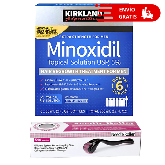 1 caja de 6 Frascos minoxidil Loción +  1 Rodillo Estimulador 0.5 mm