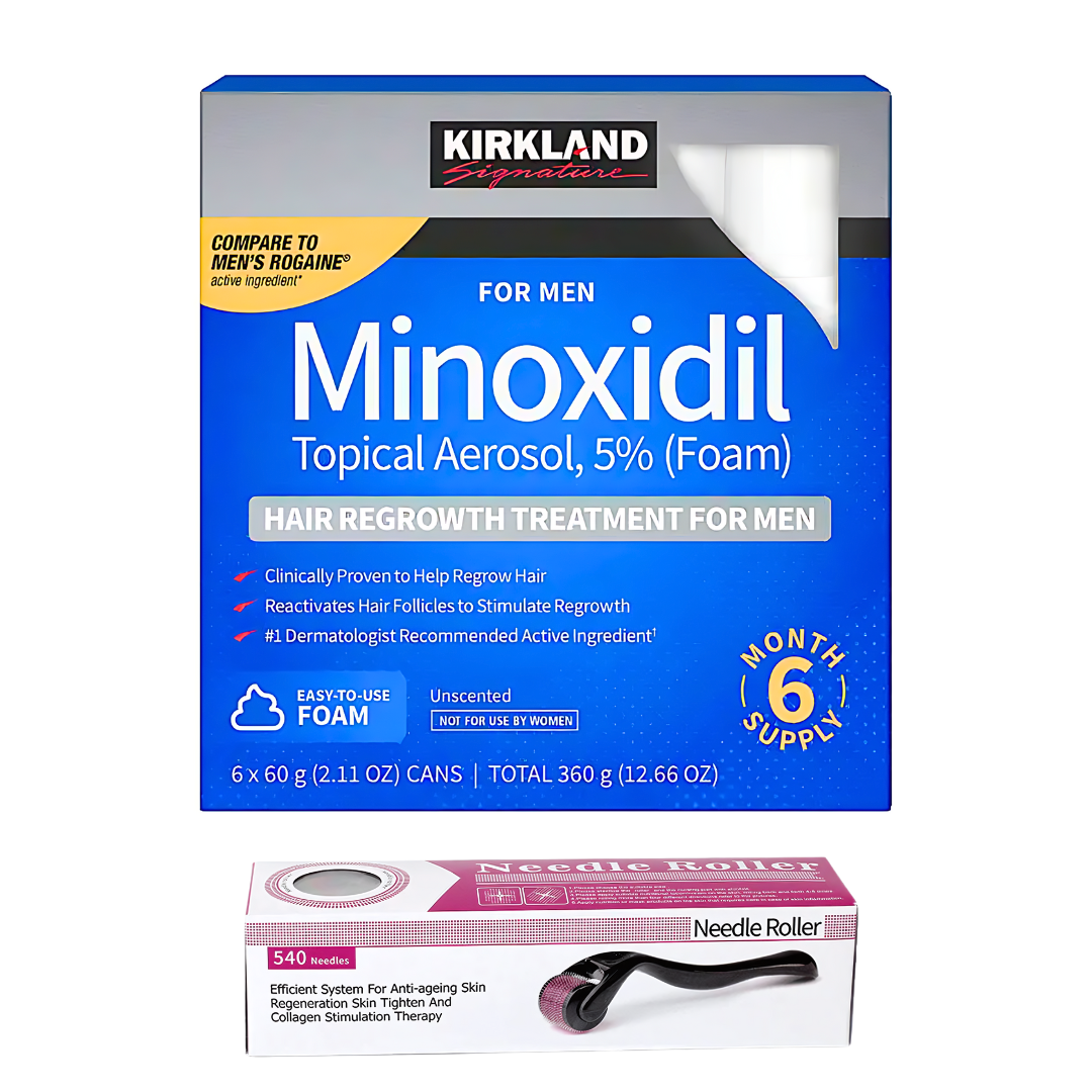 1 caja de 6 Frascos minoxidil Espuma + 1 Dermaroller 0.5 mm