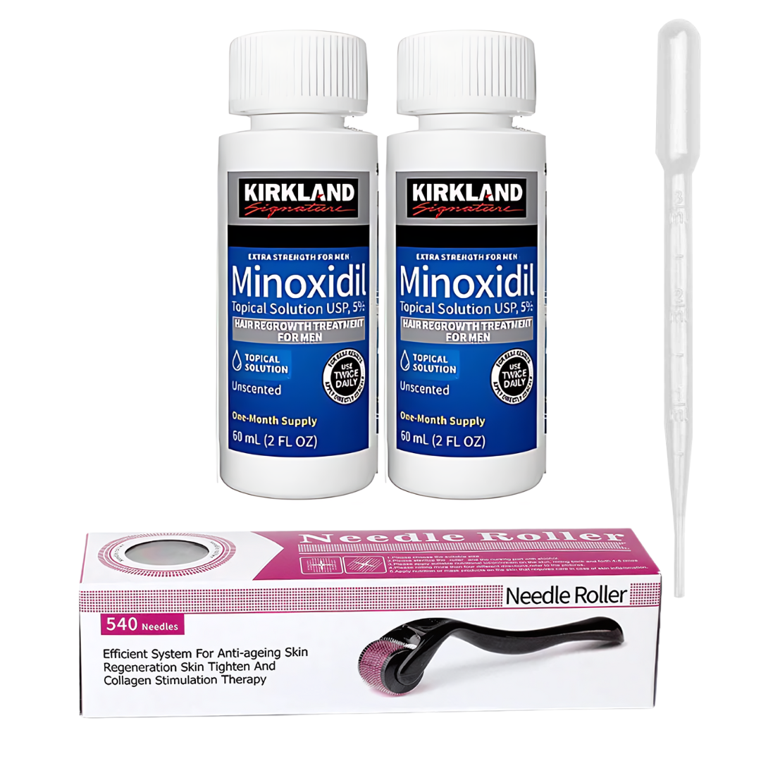 2 Frascos minoxidil Loción + 1 Rodillo Estimulador 0.5 mm