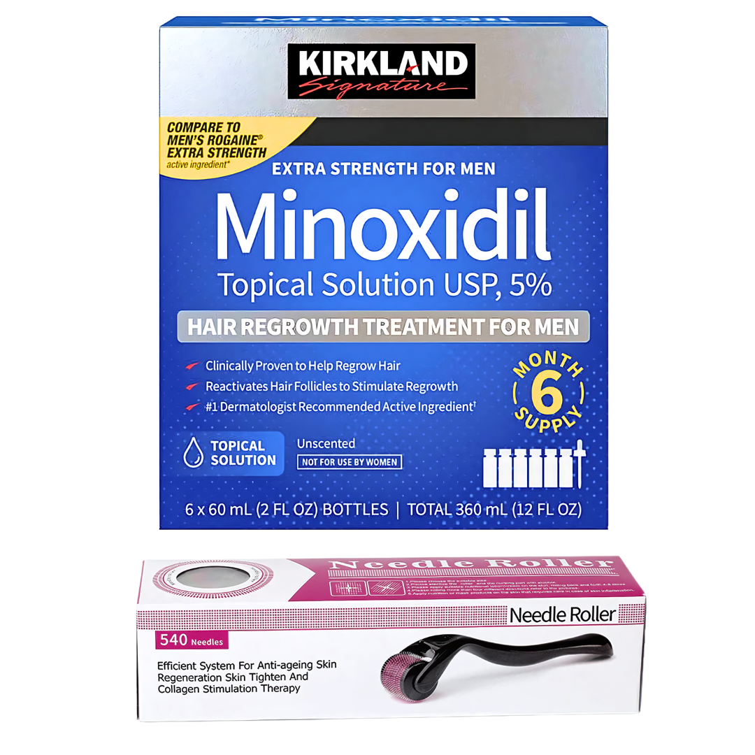 1 caja de 6 Frascos minoxidil Loción +  1 Rodillo Estimulador 0.5 mm