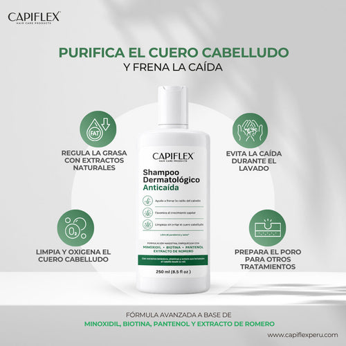 Shampoo Dermatológico Anticaída Capiflex | Fórmula Avanzada con Minoxidil y Biotina (250ml)