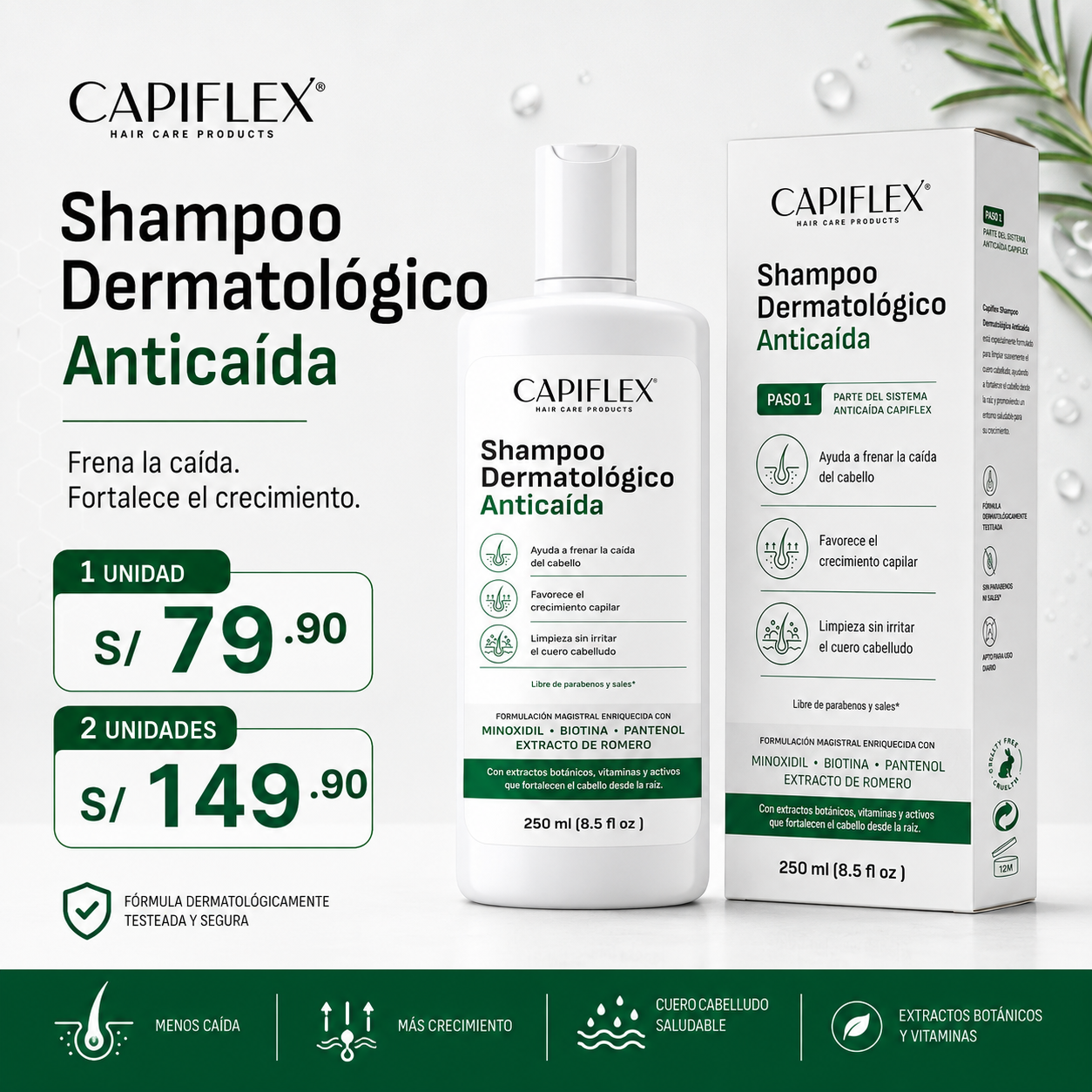 Shampoo Dermatológico Anticaída Capiflex | Fórmula Avanzada con Minoxidil y Biotina (250ml)