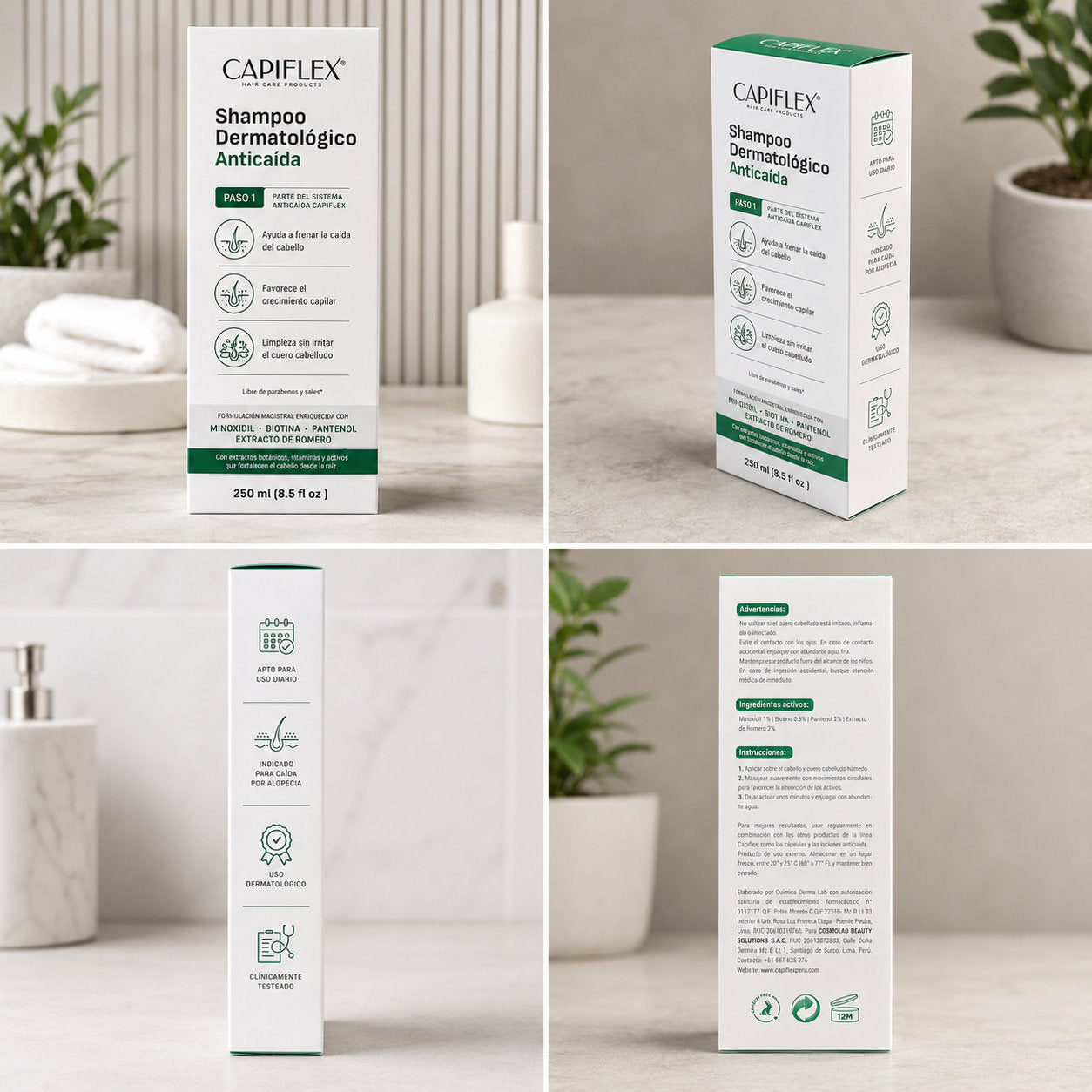 Shampoo Dermatológico Anticaída Capiflex | Fórmula Avanzada con Minoxidil y Biotina (250ml)