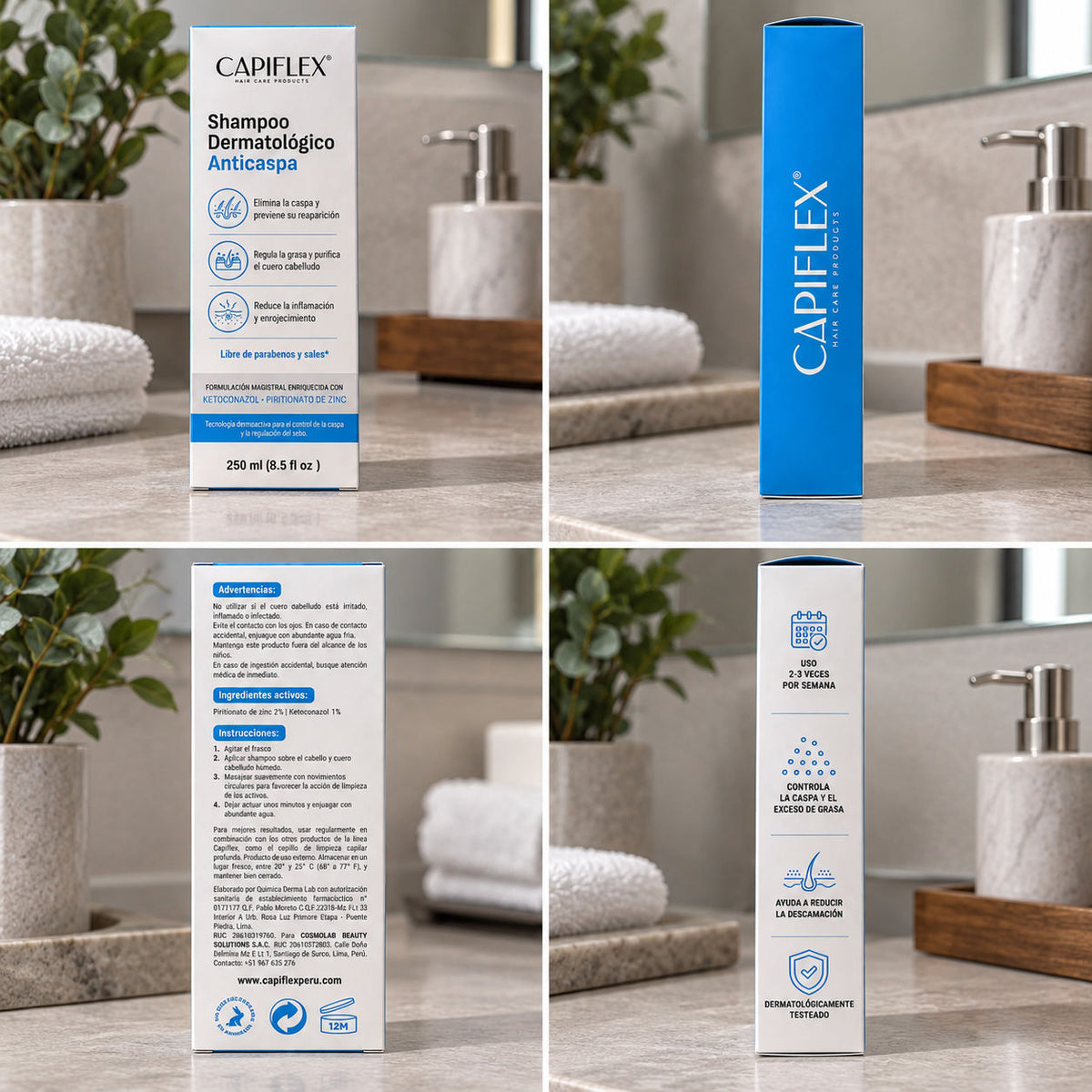 Shampoo Dermatológico Anticaspa Capiflex | con Ketoconazol y Piritionato de Zinc (250ml)
