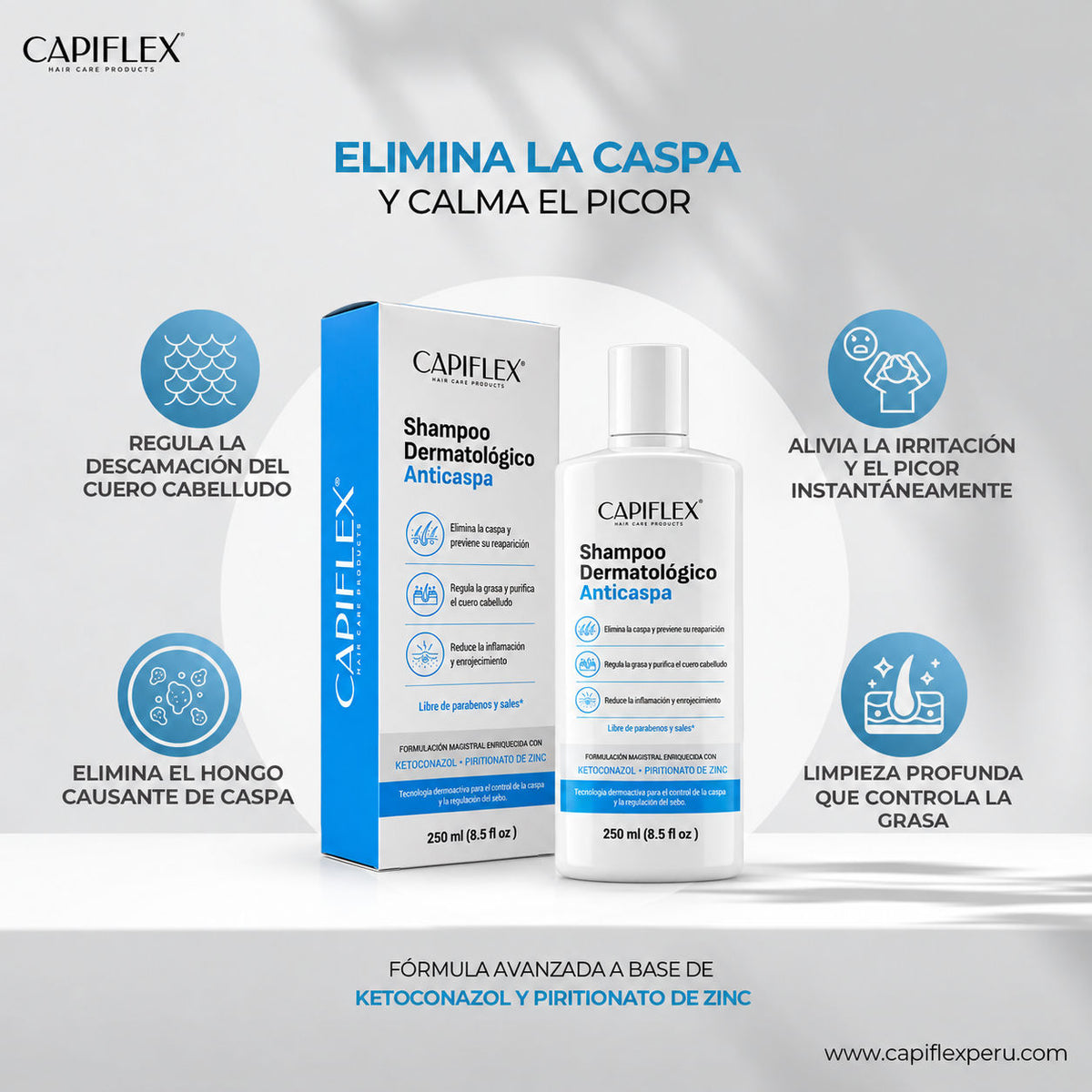 Shampoo Dermatológico Anticaspa Capiflex | con Ketoconazol y Piritionato de Zinc (250ml)