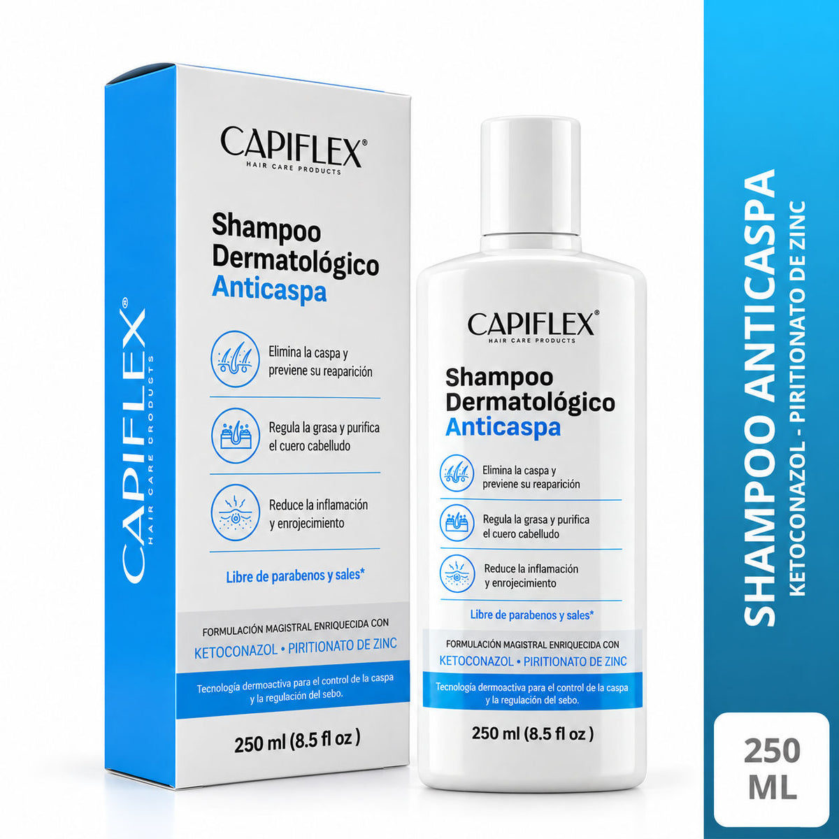 Shampoo Dermatológico Anticaspa Capiflex | con Ketoconazol y Piritionato de Zinc (250ml)